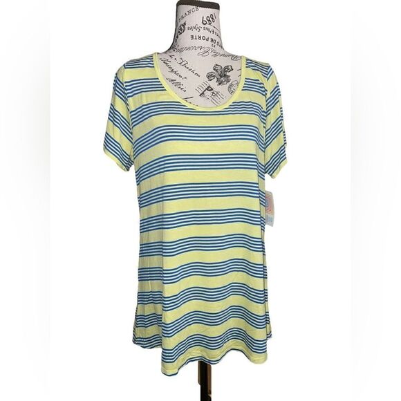 LuLaRoe Women’s Large Yellow w/Blue Stripes Classic Tee Blouse Coastal Comfy - Picture 2 of 16